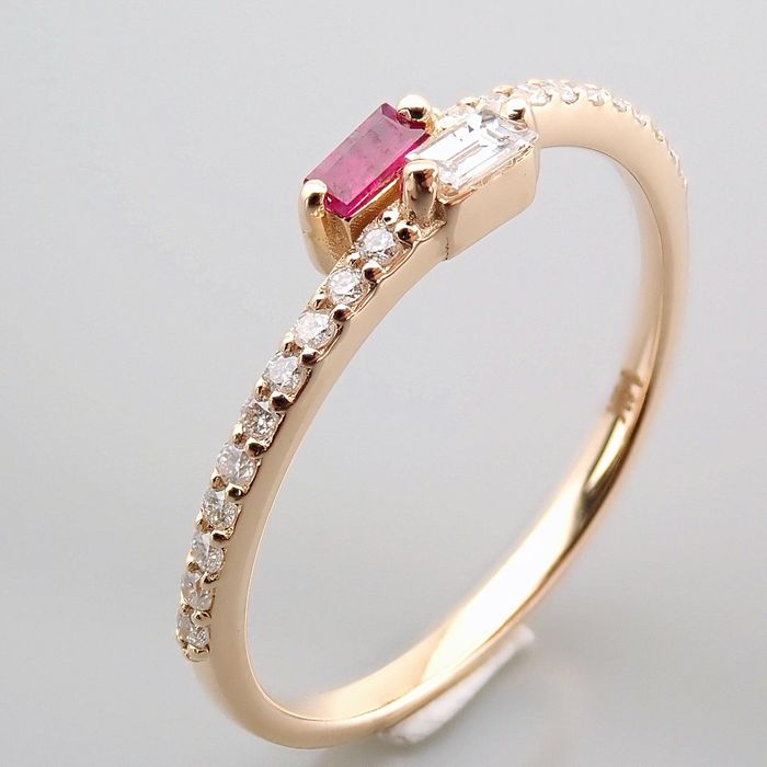 14 kt. Yellow gold - Ring - 0.14 ct Diamond - Ruby - Image 8 of 14
