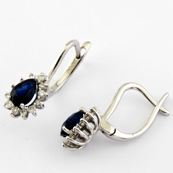 14K White Gold Cluster Earring , natural sapphire and diamond - Image 6 of 6