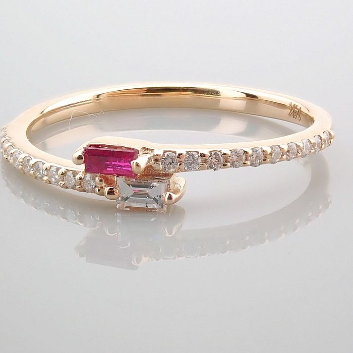 14 kt. Yellow gold - Ring - 0.14 ct Diamond - Ruby - Image 12 of 14