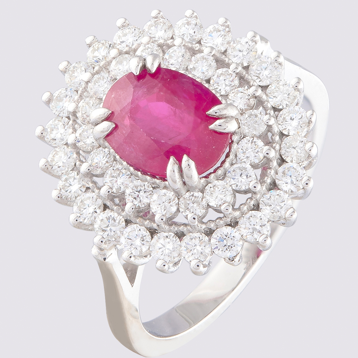 14K White Gold Cluster Ring 1.90 ct Natural Ruby - 1.00 ct Diamond