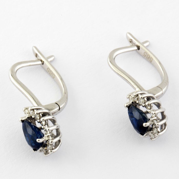 14K White Gold Cluster Earring , natural sapphire and diamond - Image 5 of 6