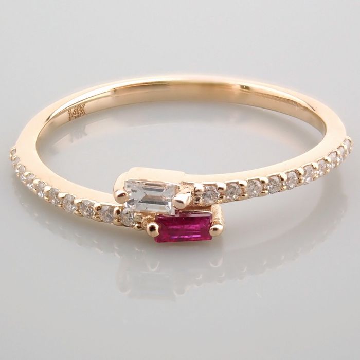 14 kt. Yellow gold - Ring - 0.14 ct Diamond - Ruby - Image 5 of 14