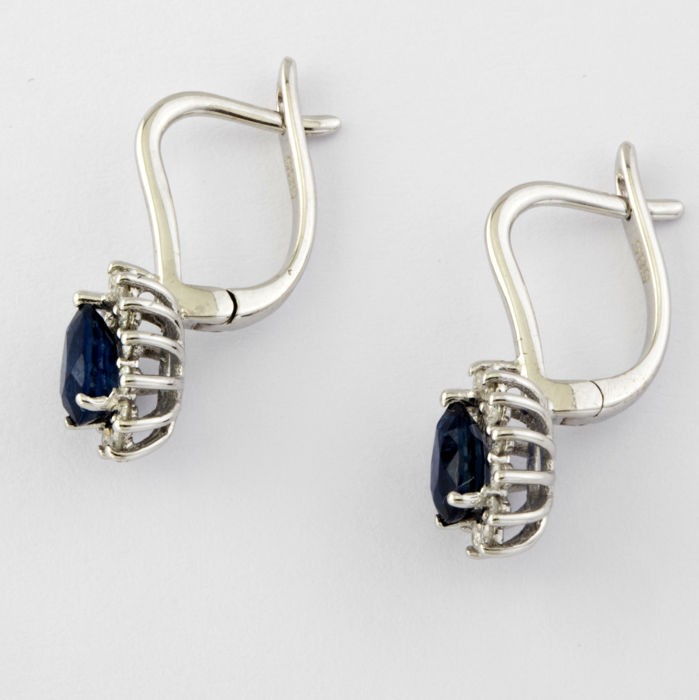 14K White Gold Cluster Earring , natural sapphire and diamond - Image 2 of 6