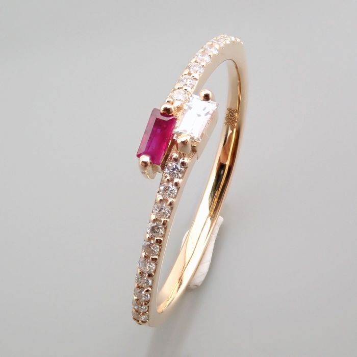 14 kt. Yellow gold - Ring - 0.14 ct Diamond - Ruby - Image 4 of 14