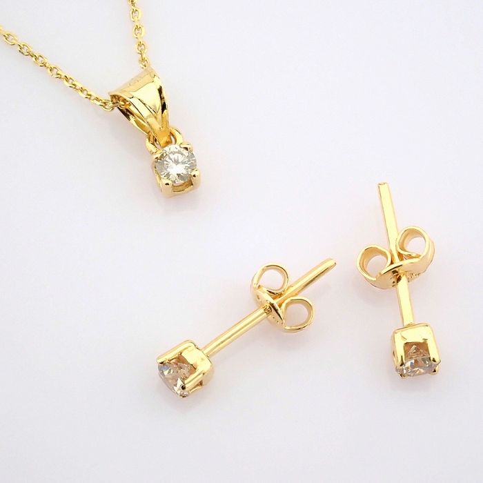 14 kt. Yellow gold - Earrings, Necklace with pendant - 0.30 ct Diamond - Image 2 of 10
