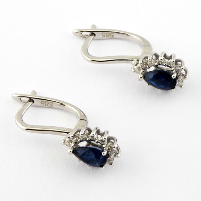 14K White Gold Cluster Earring , natural sapphire and diamond - Image 3 of 6
