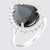 14K White Gold Cluster Ring - 5,75 ct Natural Sapphire - 0,60 ct Diamond