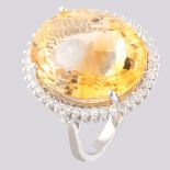 14K White Gold Large Cluster Ring 17,90 ct Citrine - 0,55 ct Diamond