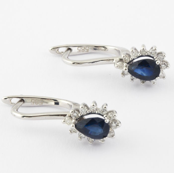 14K White Gold Cluster Earring , natural sapphire and diamond - Image 4 of 6
