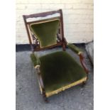 Antique Edwardian Mahogany Armchair Carved Back Green Velvet Padding