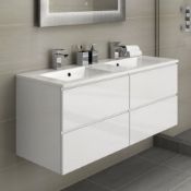 New & Boxed 1200mm Trevia High Gloss White Double Basin Cabinet - Wall Hung. Rrp £999.99.Desi...