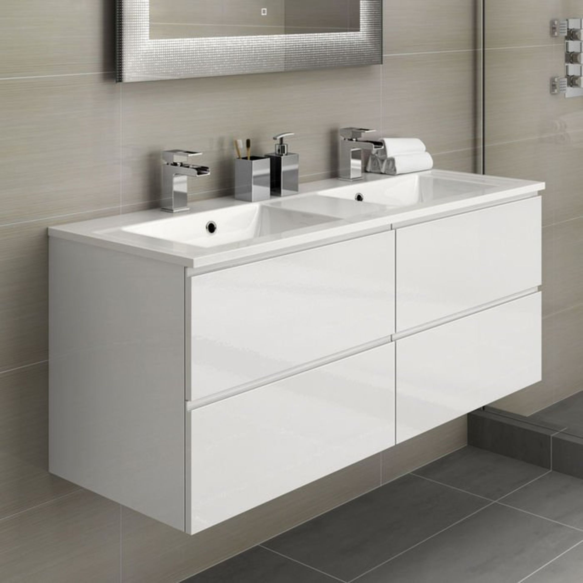 1200mm Trevia High Gloss White Double Basin Cabinet - Wall Hung. Comes Complete With Basin. Con...