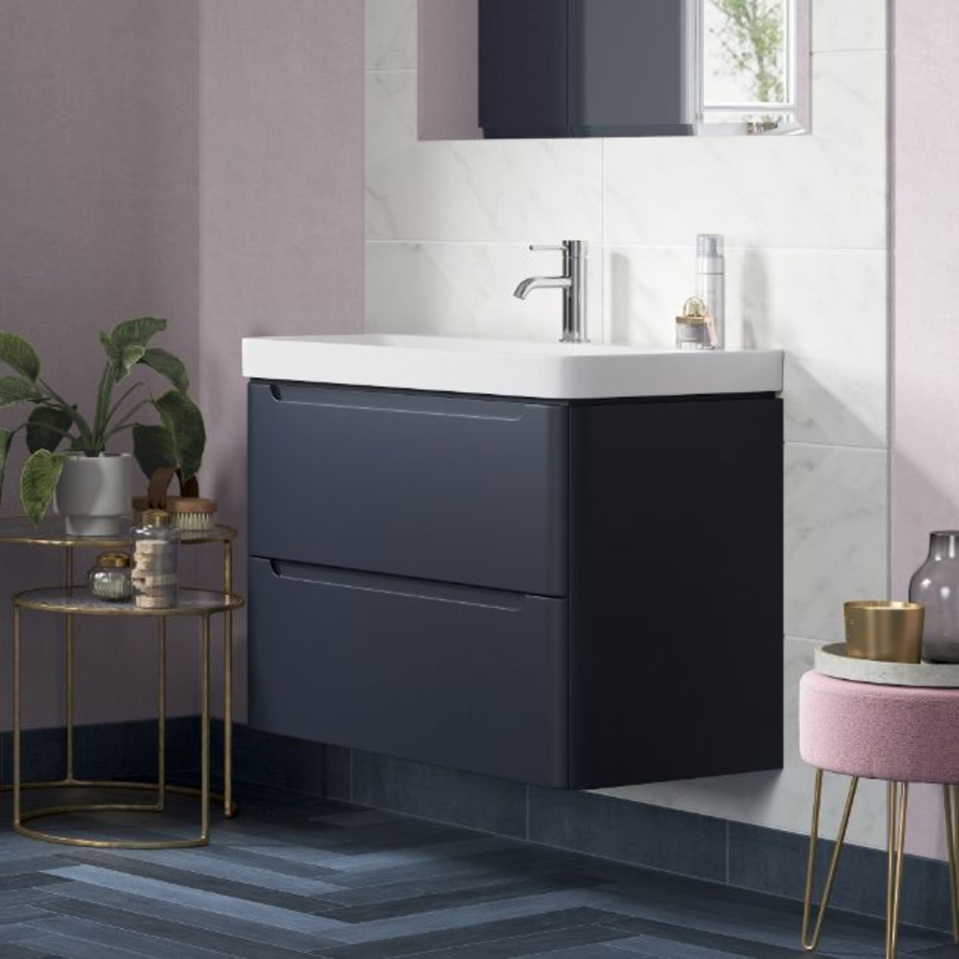 New (U3) Lambra 600mm 2 Drawer Wall Hung Vanity Unit - Matt Indigo. Rrp £479.99.Comes Complet...