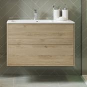 New (W104) Perla 900mm Davos Oak 2 Drawer Wall Hung Vanity Unit RRP £368.43 Basin Not Include...