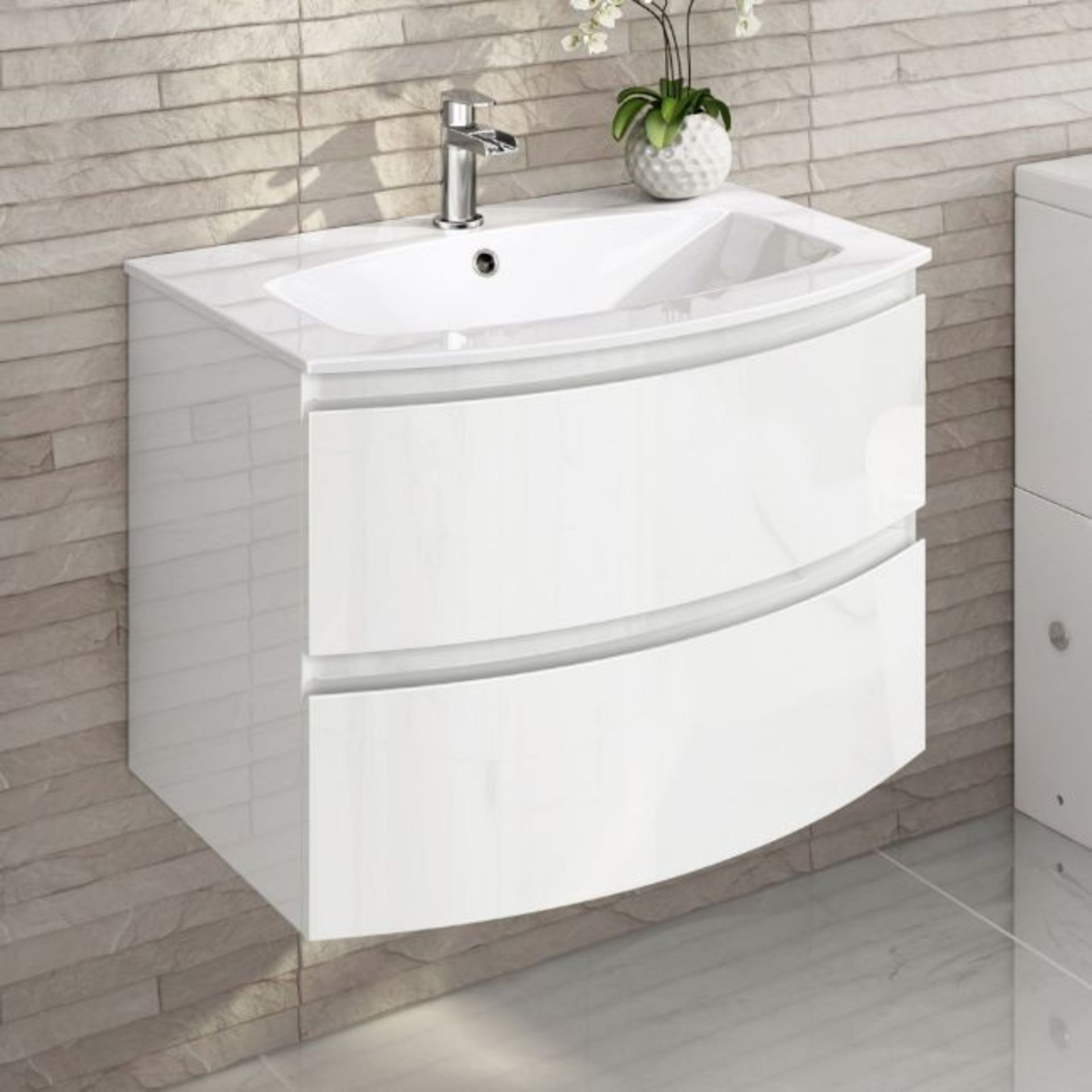 New 700mm Amelie High Gloss White Curved Vanity Unit - Wall Hung. Comes Complete With Basin. ...