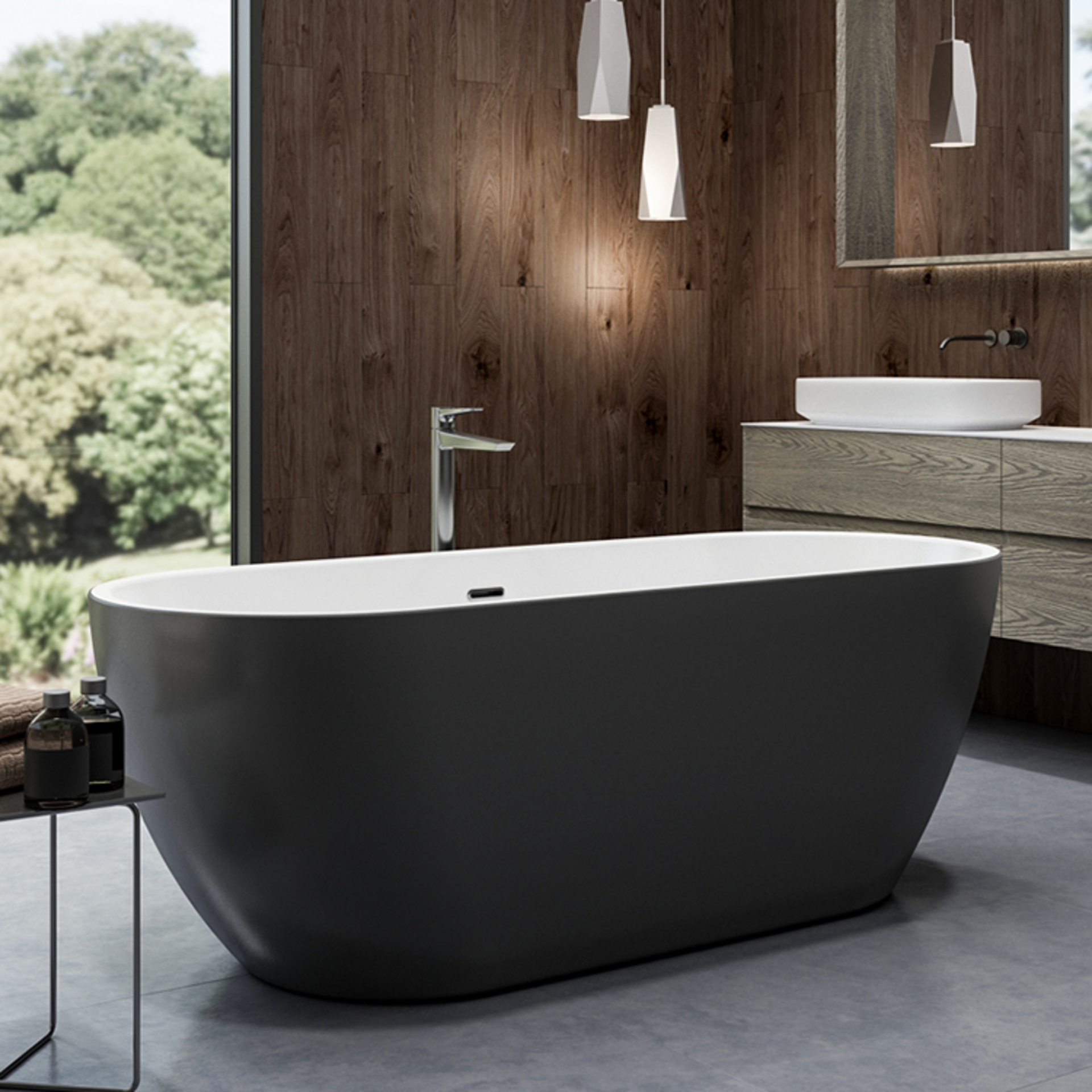 New (W2) 1655x740mm Round Double Ended Black Freestanding Bath. RRP £2,337. Elegant, Contempor...