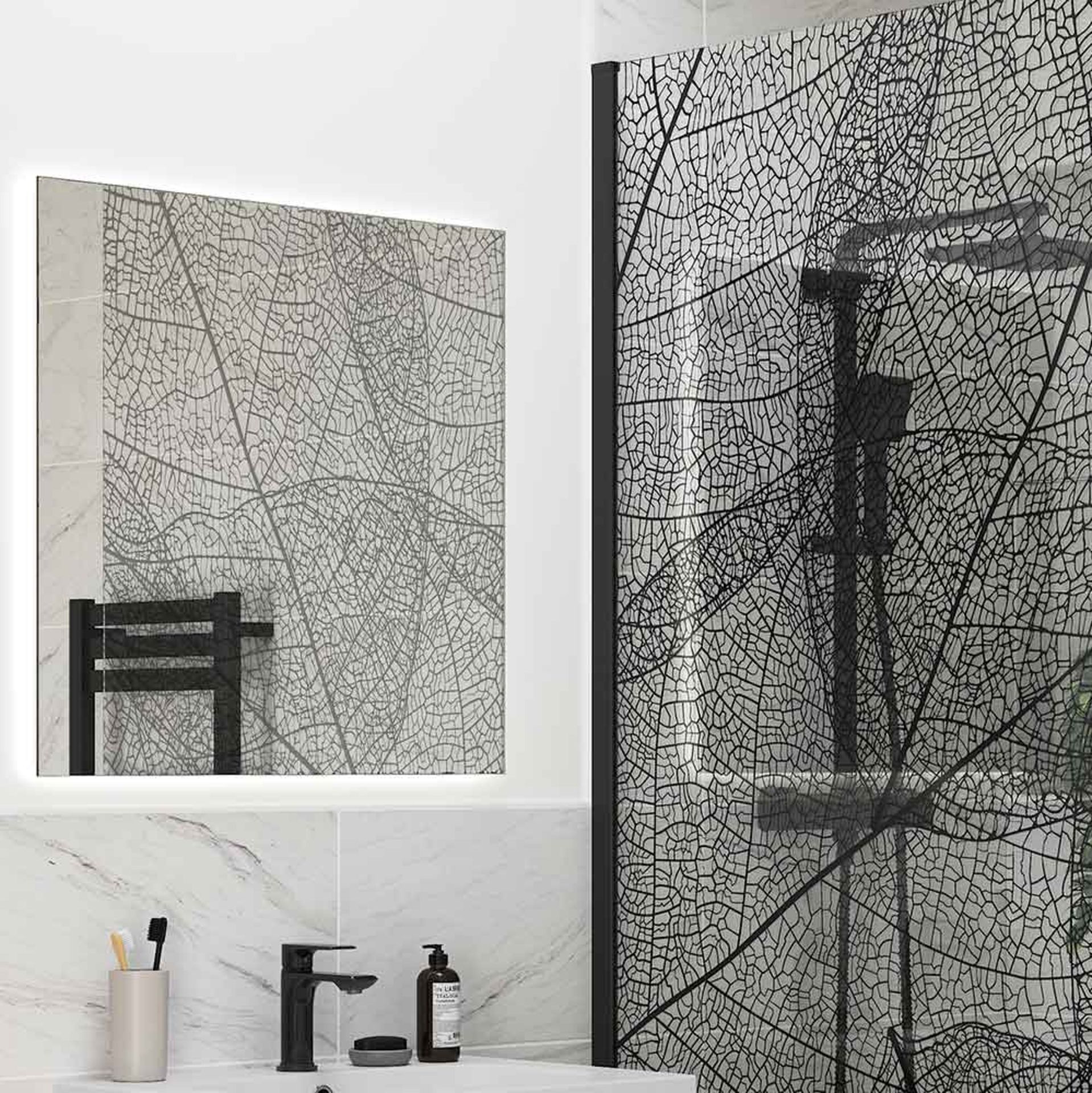 New (W1) 1200mm Black Leaf Wetroom Panel. RRP £676.00. Clear Wet Room Panel With Black Leaf Pa... - Image 2 of 3