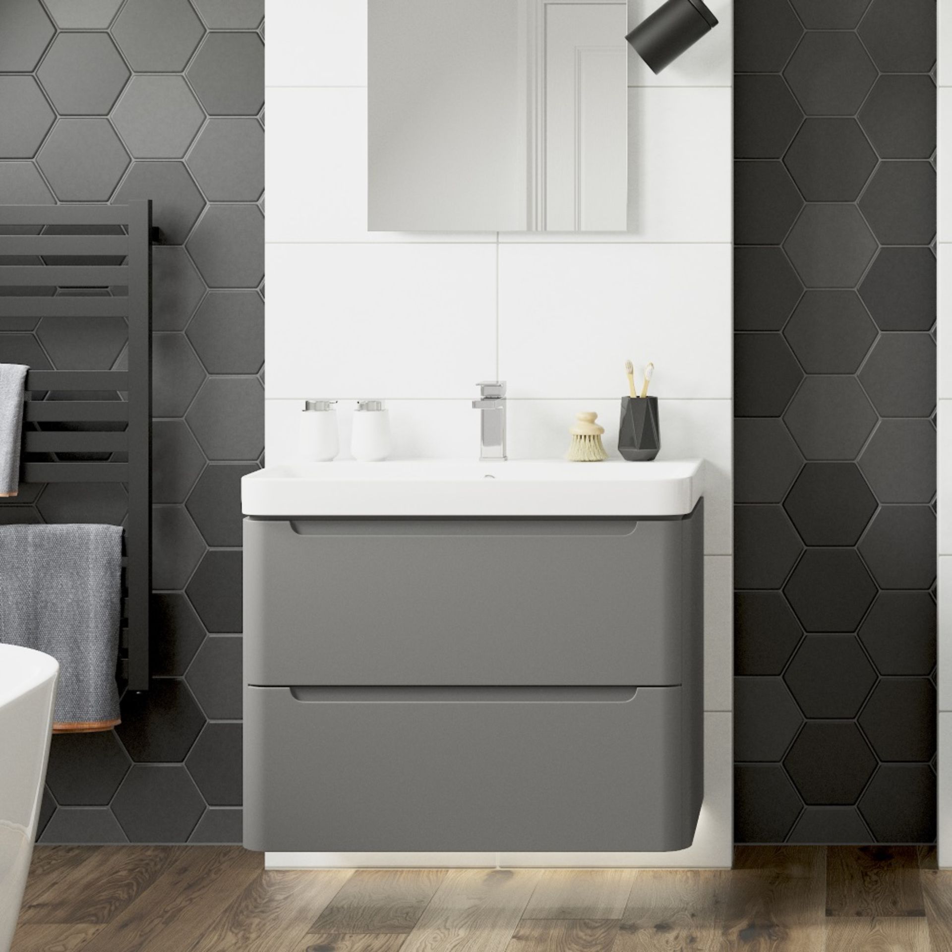 New (Z10) Lambra 800mm 2 Drawer Wall Hung Vanity Unit - Matt Grey. RRP £572.99. Comes Complete...