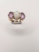 9Ct Yellow Gold Three Stone Opal & Amethyst Ring