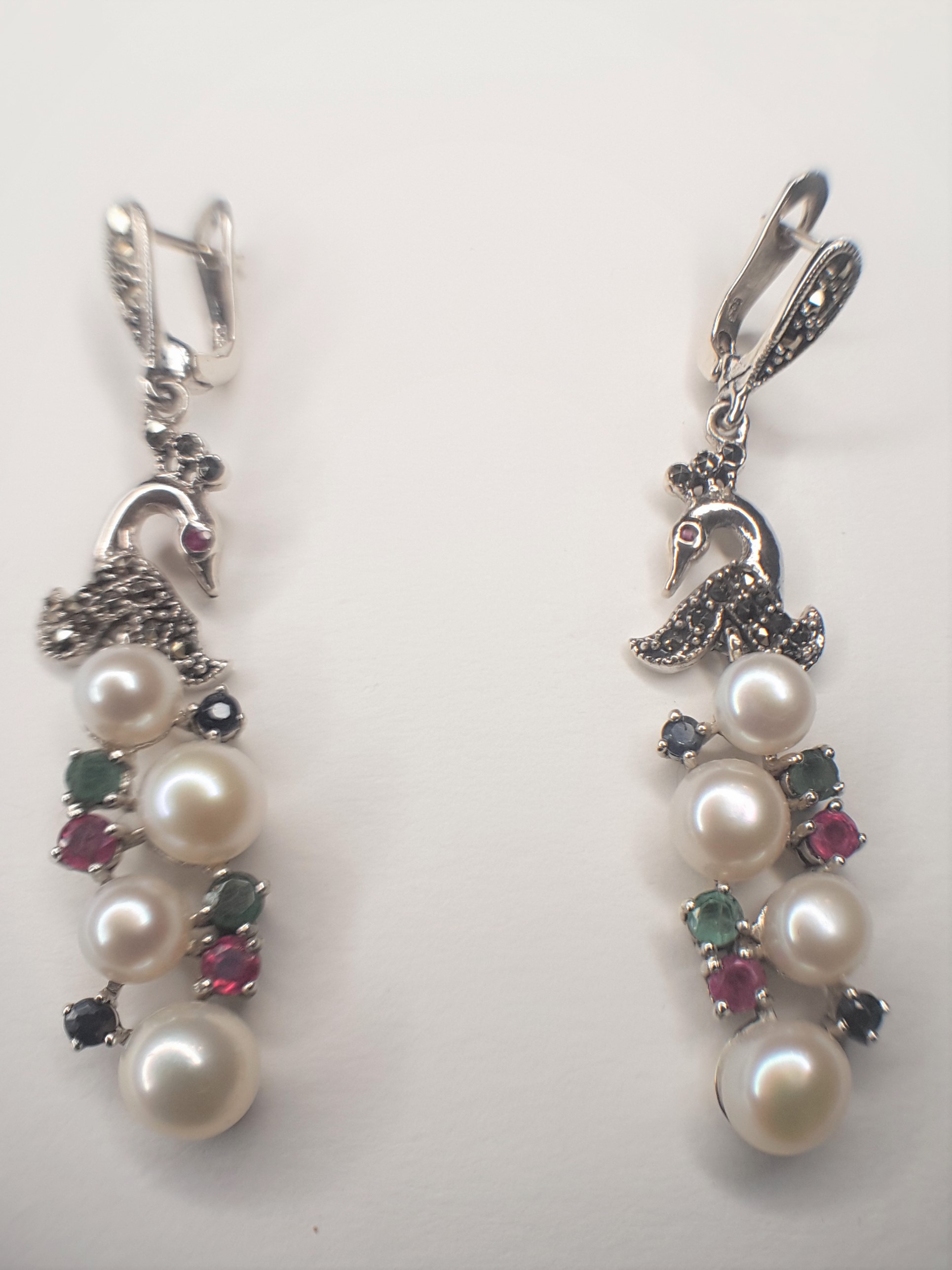 A Pair Of Silver Marcasite, Ruby, Sapphire, Emerald & Pearl Earrings - Image 2 of 4