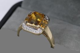 9Ct Gold Citrine & Diamond Cluster 'Art Deco' Style Ring