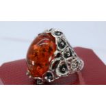 Large Silver Amber Ring