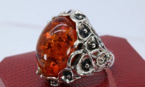 Large Silver Amber Ring