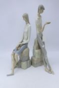 A Pair Of Tall Vintage Lladro Of A Girl And Boy Reading A Book