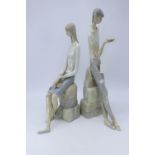 A Pair Of Tall Vintage Lladro Of A Girl And Boy Reading A Book