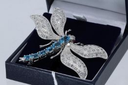 Silver Blue Topaz & Marcasite Dragonfly Brooch