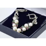 A Pair Of Silver Marcasite, Ruby, Sapphire, Emerald & Pearl Earrings