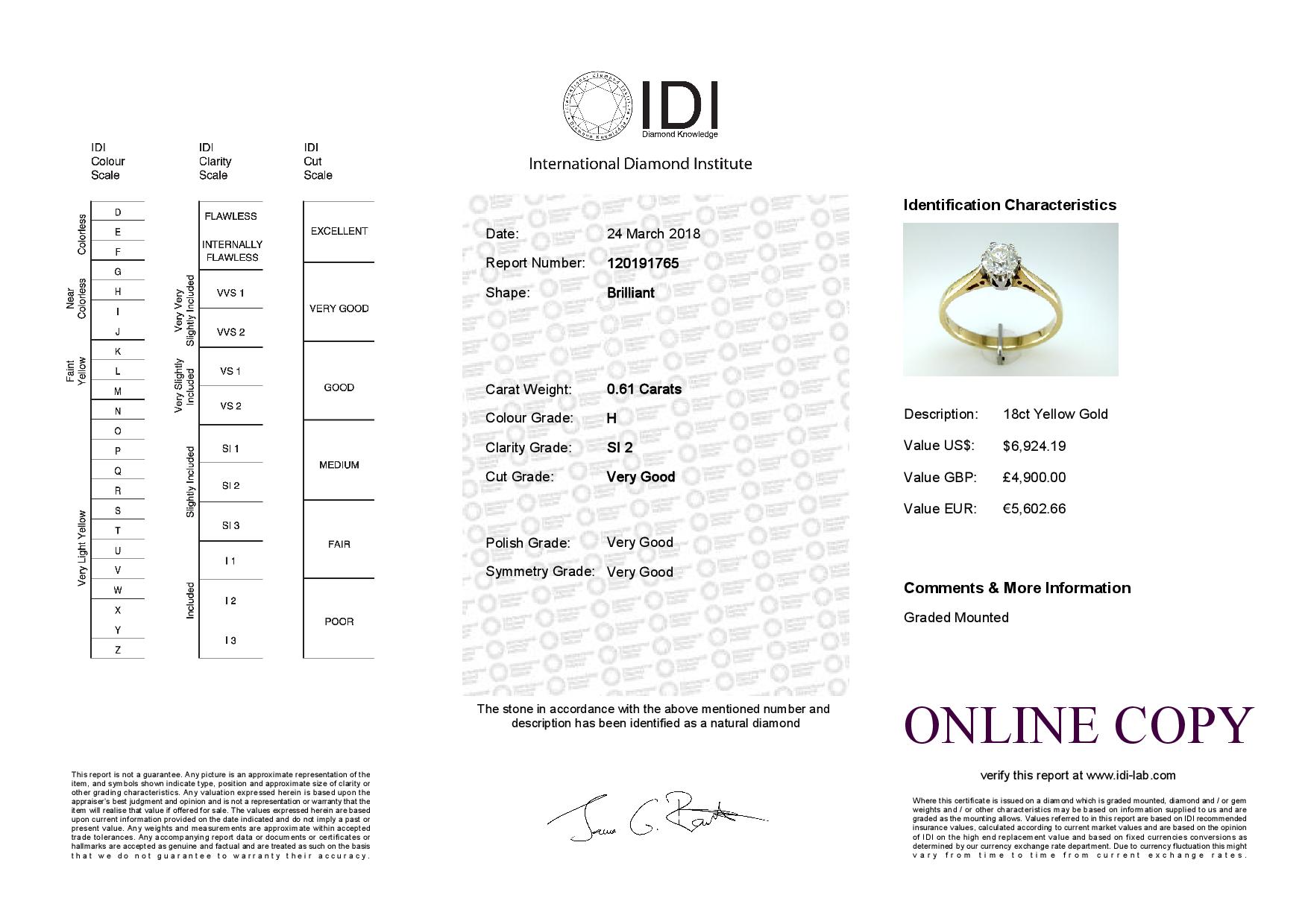 18ct Yellow Gold Diamond Engagement Ring 0.61 Carats - Image 6 of 6