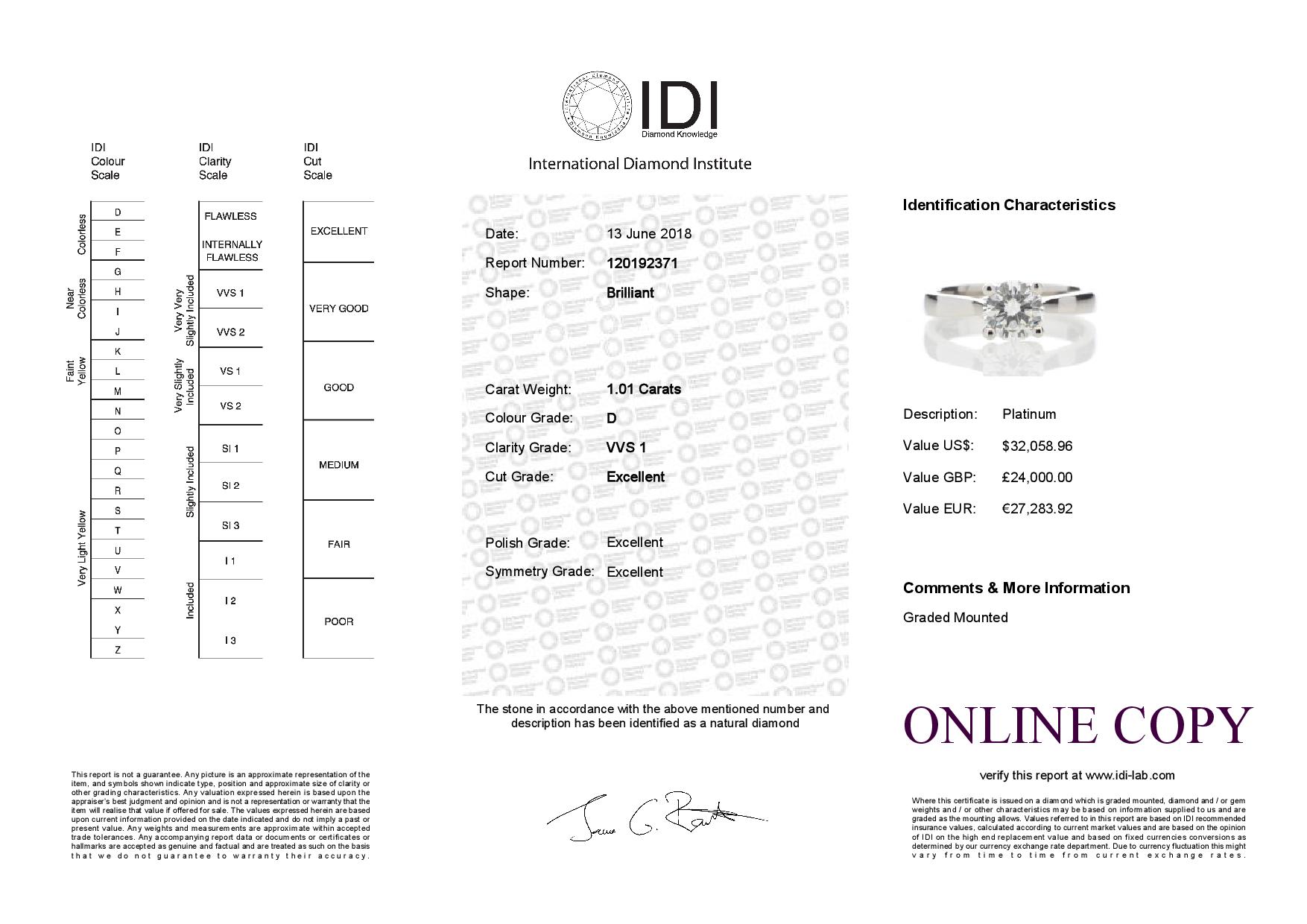 Platinum Single Stone Wire Set Diamond Ring 1.01 Carats - Image 5 of 5