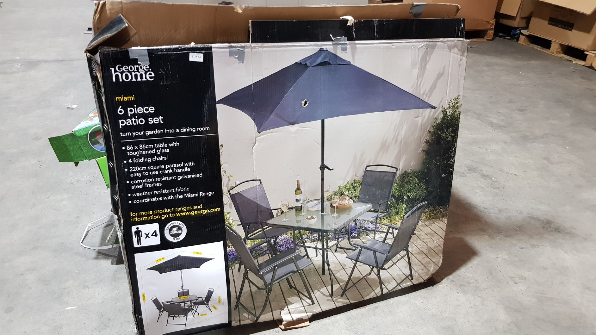 Miami Patio Items : 1 X Tempered glass Square Table, 1 X Black Parasol & 1 X Black Mesh Foldable