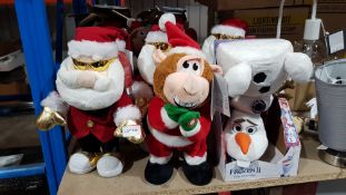 9 Items : 6 X Animated Santa, 2 X Animated Monkey Santa & 1 X Frozen II Shape Shifter Olaf. All