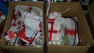 (R5G) Contents Of 2 Boxes : Mixed England Football Items To Include Car Flags, KidÕs Cape, Bunting,