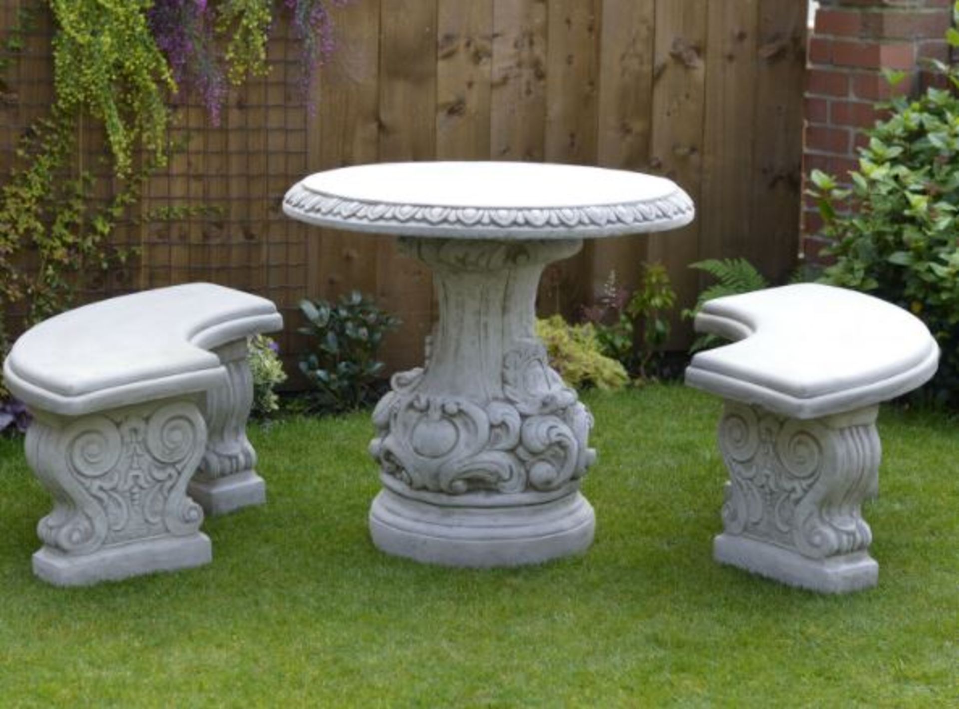 Reconstituted stone / concrete ornate garden table and curved bench set