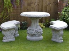 Reconstituted stone / concrete ornate garden table and curved bench set