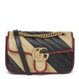Gucci Black, Cream & Red Diagonal Quilted Aged Calfskin Leather Mini Marmont