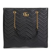 Gucci Black Quilted Shiny Calfskin Leather Marmont Shoulder Tote