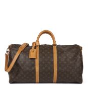 Louis Vuitton Brown Monogram Coated Canvas & Vachetta Leather Vintage Keepall 55 Bandoulire