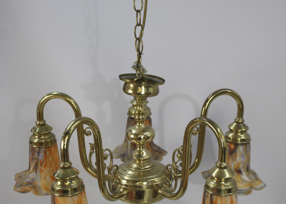 Five Arm Brass Chandelier with Amber Glass Shades - Image 2 of 4