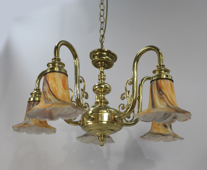 Five Arm Brass Chandelier with Amber Glass Shades - Image 3 of 4