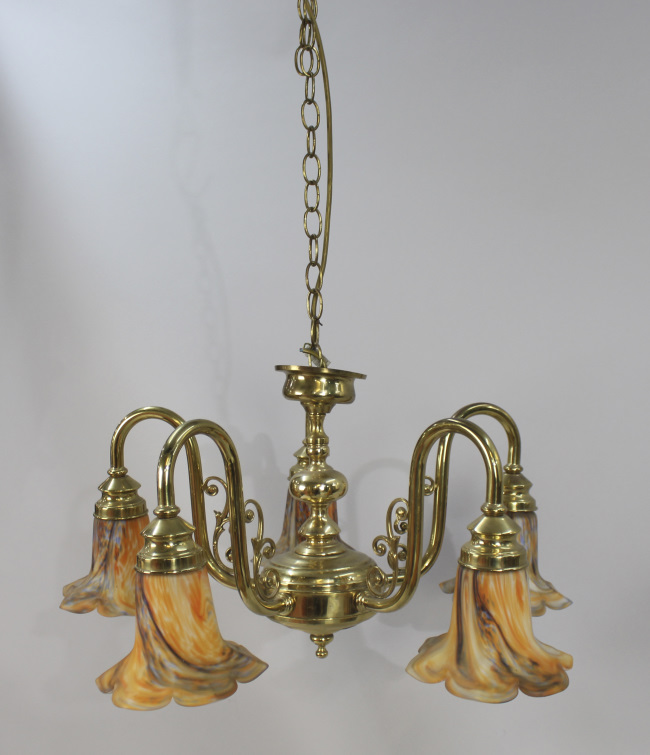 Five Arm Brass Chandelier with Amber Glass Shades