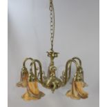 Five Arm Brass Chandelier with Amber Glass Shades