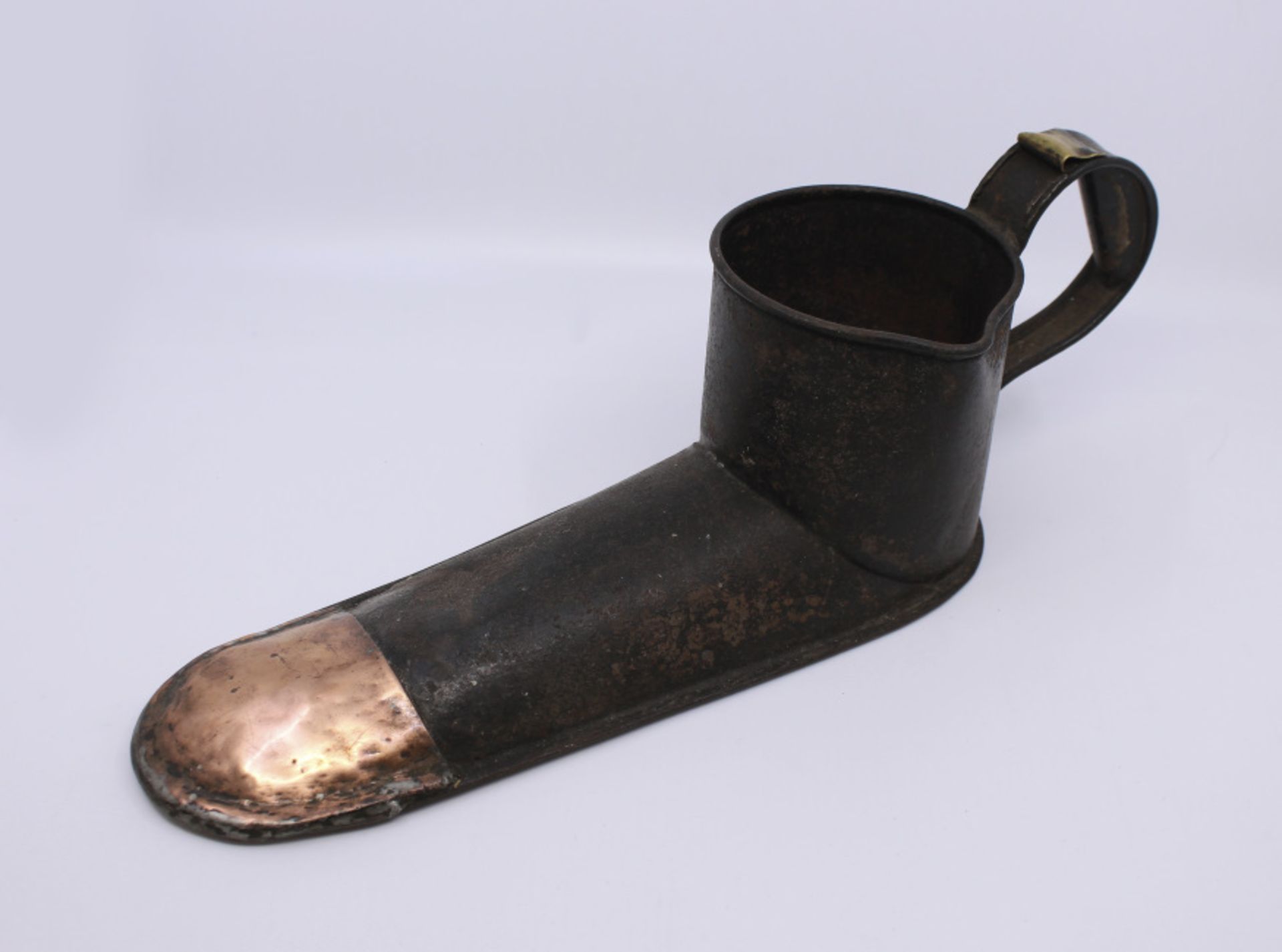 Antique English Steel, Copper & Brass Shoe Ale Muller - Image 2 of 6