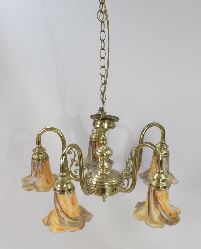 Five Arm Brass Chandelier with Amber Glass Shades - Image 4 of 4