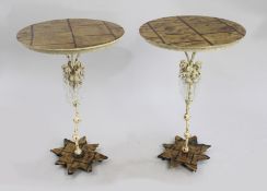 Pair of Decorative Gold Leaf Metal & Crystal Side Tables