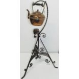 Antique Copper Spirit Kettle on Wrought Iron Stand