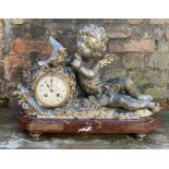C19th pewter clock on a a rouge marble base